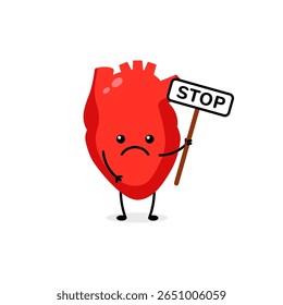 Cartoon heart with a sad face holding a stop sign. the image conveys a message of caution.