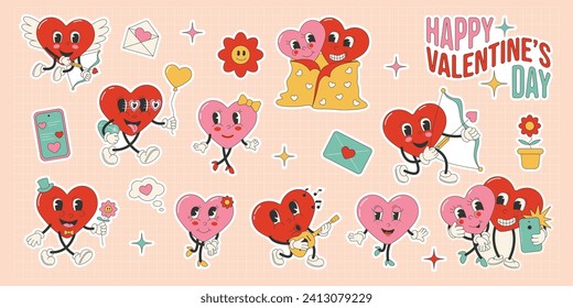 Caricatura caricaturista personaje en estilo retro groovy. Conjunto de stickers para el día de San Valentín. 70s, 80s.Ilustración de material vectorial.