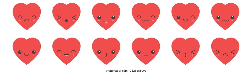 Cartoon heart shape emoji with different mood vector illustration collection