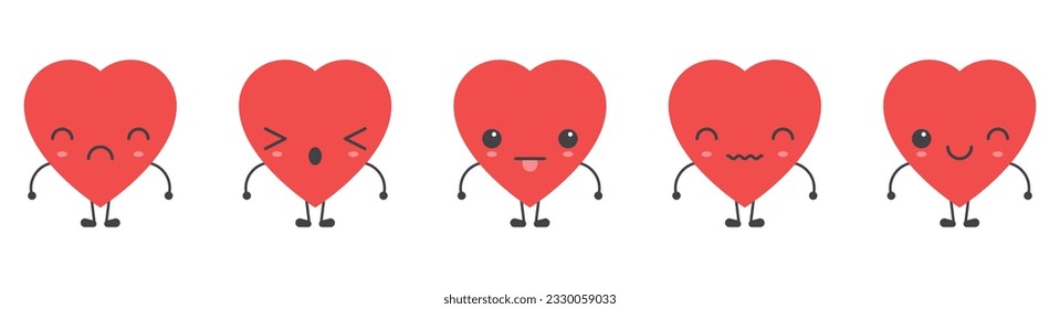 Cartoon heart shape emoji with different mood vector illustration collection