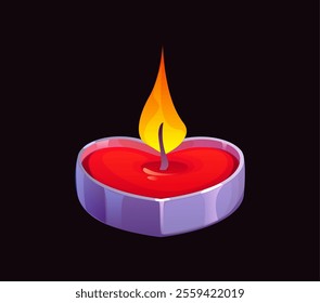 Cartoon heart shaped candle with glowing flame, symbol of romance and love for valentines holiday. Vector romantic candlelight for celebrating affection and creating warm, intimate ambiance on dating