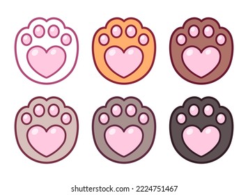 Cartoon heart shaped cat paw prints icon set, different colors. Cute and simple pet love sticker, vector clip art illustration.