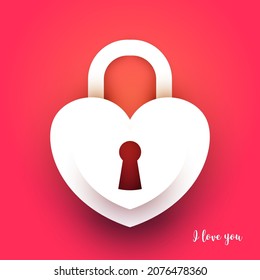 Cartoon heart shaped lock in modern paper cut style. Minimalistic colorful design composition. Template background for banner, invitation, greeting card, cover, poster. Vector illustration.