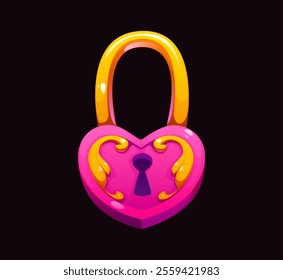 Cartoon heart shaped lock, valentines day holiday symbol of love and protection. Isolated vector festive padlock with pink and gold colors exudes playful and romantic vibe for holiday celebration