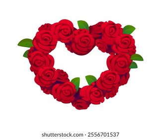 Cartoon heart shaped rose wreath symbolizing love, passion and romance for Valentine Day celebration and romantic occasion. Isolated vector festive floral decor conveys feelings of affection or beauty