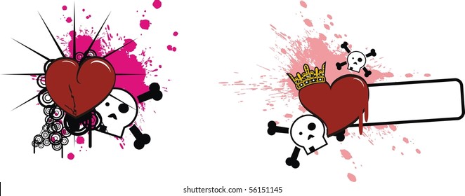 cartoon heart and skull in vector format