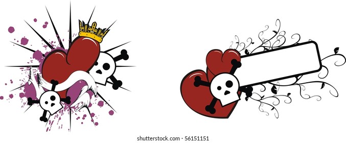 cartoon heart and skull in vector format