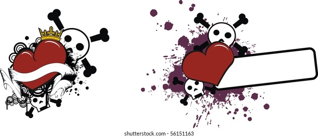 cartoon heart and skull in vector format