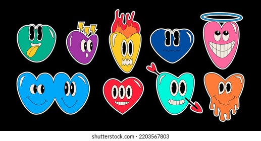 Cartoon heart stickers collection. Set of trendy cute funny patches. 
