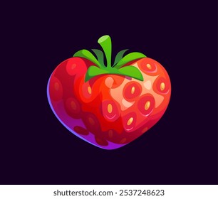 Corazón de la fresa de la historieta para la fruta de baya del activo del juego, icono del Vector. Fresa fresca madura brillante en forma de corazón para el activo del juego de arcade como premio de bonificación o trofeo, recompensa de comida y salud o energía