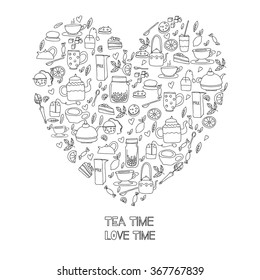 Cartoon heart vector template. Black and White pattern with doodle tea objects for posters, greeting cards, flyers and banner, web designs. Tea Time Love Time quote.