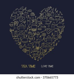 Cartoon heart vector template. Dark pattern with doodle tea objects for posters, greeting cards, flyers and banner, web designs. Tea Time Love Time quote.