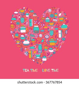 Cartoon heart vector template. Pink pattern with doodle tea objects for posters, greeting cards, flyers and banner, web designs. Tea Time Love Time quote.