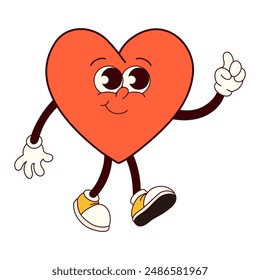 A cartoon heart is walking and pointing to the right. The heart is smiling and has a positive, happy vibe
