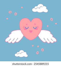 Cartoon heart with wings smiles and flies in the sky. A pink heart is flying among the clouds. Romantic illustration for Valentine's Day. Vector image of a heart expressing a feeling of love