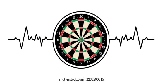 El símbolo de puntuación del latido del corazón de la caricatura y el dart board. Icono de tablero y ondas de pulso. Apuntar a la competencia Equipos deportivos y flechas. Tira un solo, doble, triple o bullseye. 