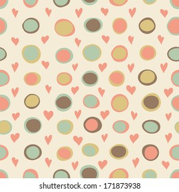 Cartoon hearts and circles seamless pattern. Valentines day card design.
