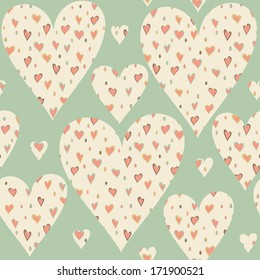 Cartoon hearts and circles seamless pattern. Valentines day card design.