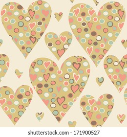 Cartoon hearts and circles seamless pattern. Valentines day card design.