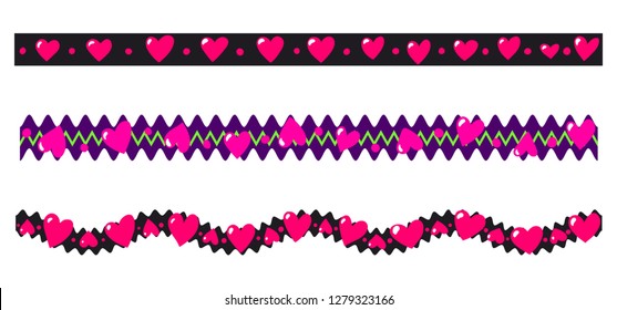 Cartoon hearts endless borders vector set for your romantic design