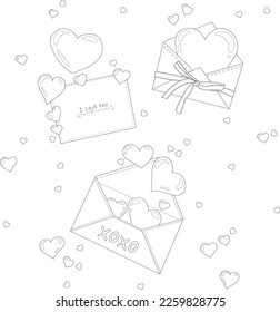 Cartoon hearts in envelope set with a bow for Valentine's day sketch template. Vector illustration in black and white for games, background, pattern, decor. Coloring paper, page, story book, print