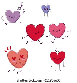 Cartoon hearts funny and cute design. Flat icon. Vector illustration. Good for card, invitations design.