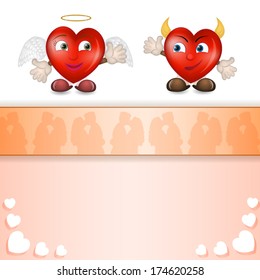 Cartoon hearts with lovers silhouette