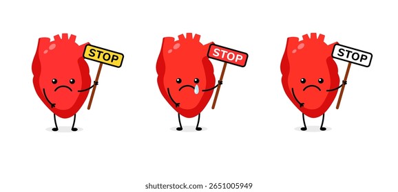 Cartoon hearts with sad faces holding stop signs convey an emotional warning or message.