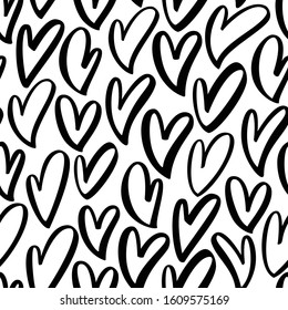 Cartoon hearts seamless pattern. Black and white hand drawn hearts vector illustration.