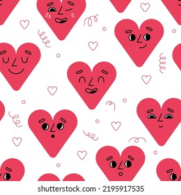 Cartoon hearts seamless pattern. Happy comic characters wallpaper design, red love and romantic isolated symbols. Decor textile, wrapping paper, swanky vector background