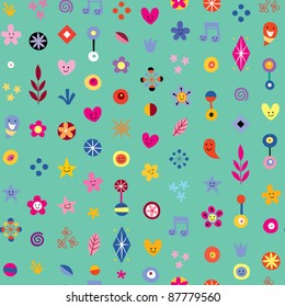 cartoon hearts, stars and flowers abstract art pattern