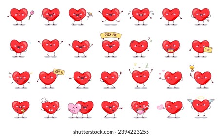 Cartoon Hearts Sticker Set: Charming Cute Heart Characters in with Flower, Text Sign, Gift, Confetti, Ballon, Ideas, and In Couple Relationship for Valentine's Day Greetings Cards Romantic Messages.