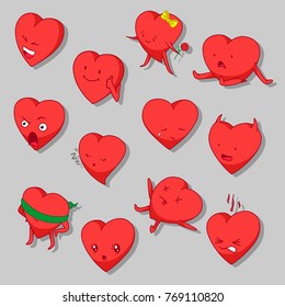 Cartoon Hearts Vector Clip Art Set of Funny Emotions St Valentines Characters