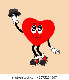 Cartoon heart-shaped character with hands, fingers, face and hat. Funny, amusing face.Valentine's Day icon.Heart-shaped icon.Cartoon icon. Hearts with eyes in red color.