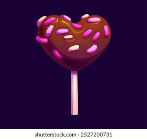 Lollypop de chocolate en forma de corazón de dibujos animados adornado con chispas rosas y blancas. Vector de dulces de caramelo y piruleta de confitería en un palo. delicioso y festivo regalo para la celebración del Día de San Valentín