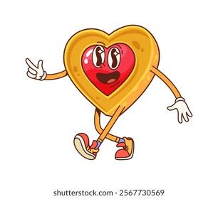 Cartoon heart-shaped cookie groovy character with jam center. Funny vector dessert, crumbly bakery personage in trendy hippie sneakers cheerfully walking. Vintage bake house product with smiling face