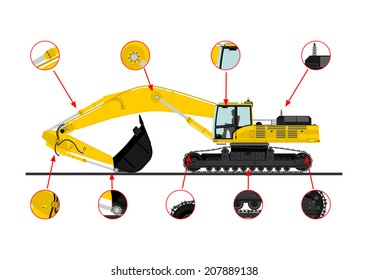 Cartoon heavy excavator on tracks. Vector 