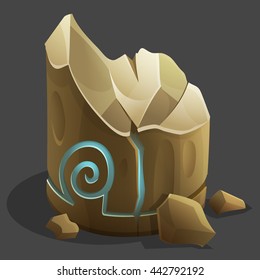 Cartoon heavy rocks with glowing rune. Vector illustration.