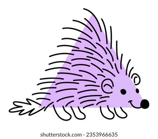 Cartoon hedgehog animal character with math shape. School kid education geometric figure, funny violet porcupine or hedgehog isolated vector triangle or pyramid shape, animal character sticker