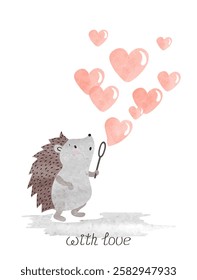 Cartoon hedgehog blows soap bubbles shaped as hearts. Vector watercolor love illustration. Birthday card