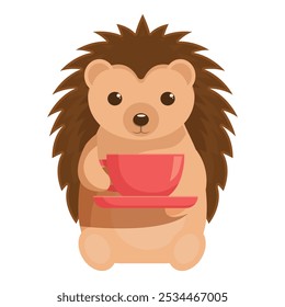 Cartoon hedgehog carefully holding a cup of hot beverage on a saucer