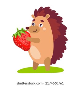 Cartoon Igel trägt reife Erdbeeren. Cute wild lebende Tiere, die Schmetterlinge fangen, wandern, Seelenumarmung umarmen, schlafen und Haselnussvektor halten