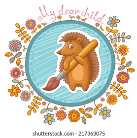 Cartoon hedgehog character with big brush. Vector illustration. 