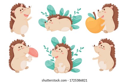 Cartoon Hedgehog Character Holding Apple and Mushroom Vector Set