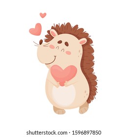 Cartoon Hedgehog Character Holding Heart in His Paws Vector Illustration