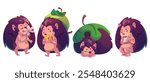 Cartoon hedgehog character set in different moods and activities. Cute spiky mascot smells flower, eats cheese with apple on thorns, rests under green leaf and drinks hot beverage. Wild forest animal.