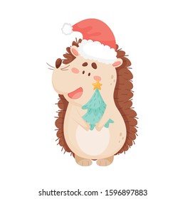 Cartoon Hedgehog Character Wearing Christmas Hat and Holding Fir Tree Vector Illustration