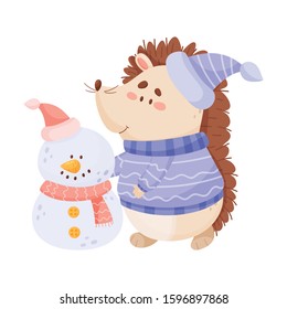 Cartoon Hedgehog Character Wearing Warm Clothes Making Snowman Vector Illustration