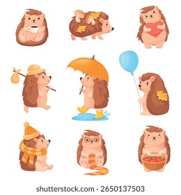 Cartoon hedgehog characters. Funny hedgehogs family, cute urchin baby animal happy characters with fruit leaves in autumn fall forest porcupine wild life, neat vector illustration original artwork