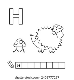 Cartoon hedgehog coloring pages. Learning game for small children - write a word in English language. Vector alphabet for kids